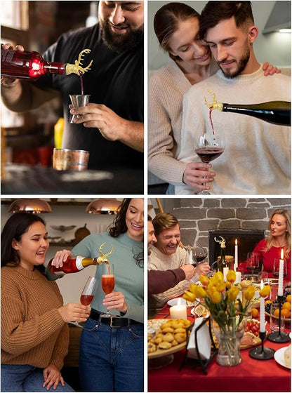 Gold Deer Head Wine Pourer, Liquor Bottle Pour Spout with Leak-Proof Rubber Stopper, Universal Fit for Wine Whiskey Champagne Olive Oil – Drip-Free Bar Pourer Gift for Men, Weddings & Holidays
