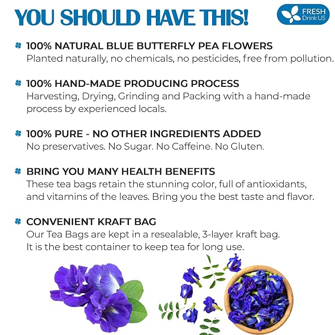 FreshDrinkUS, Premium 55 Tea Bags Blue Butterfly Pea Flowers, 100% Natural and Pure from Butterfly Pea Flowers, Made With Natural Material Tea Bag, No Sugar, No Caffeine, No Gluten, Vegan