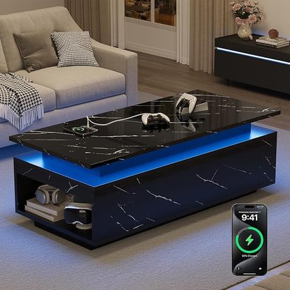 LED Coffee Table with Storage, Black Coffee Table with Wireless Charging and Speaker, High Glossy Modern Center Table with 24 Color LED Lights for Living Room Bedroom, Black