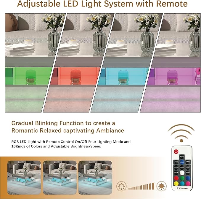LED Coffee Table with Lights for Living Room Modern Mid Century Square Small Center Table with Storage Shelf Mirror Effect 2-Tier Apartment Office Bedroom Waiting Room Reception, Pet