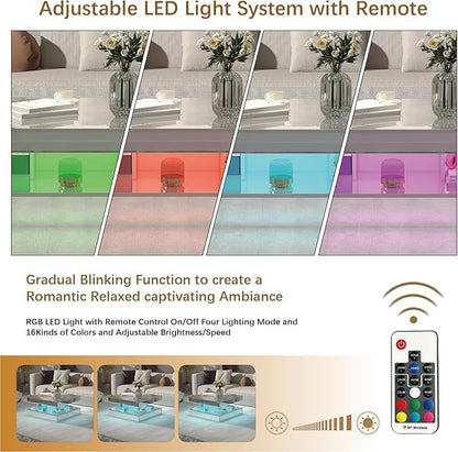LED Coffee Table with Lights for Living Room Modern Mid Century Square Small Center Table with Storage Shelf Mirror Effect 2-Tier Apartment Office Bedroom Waiting Room Reception, Pet