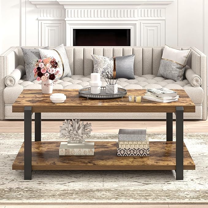 FOLUBAN Modern Coffee Table, Rustic Wood Center Table with Storage for Living Room, Industrial Rectangle 2 Tier Low Cocktail Tea Table, Rustic Brown