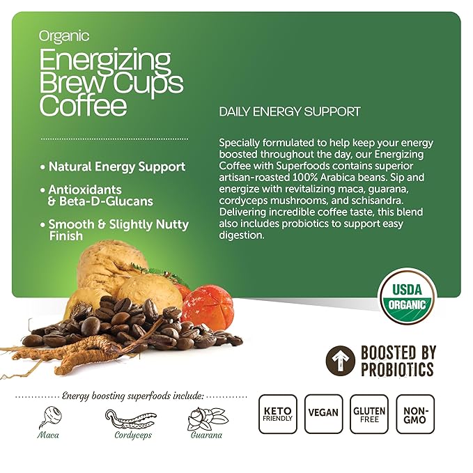 BareOrganics Energy Medium Roast Coffee, Organic, 10 K-Cup Pods, Superfoods & Probiotics Infused, Vegan, Gluten Free, 10 Single Serve Cups