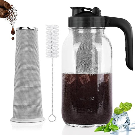 Cold Brew Coffee Maker Pitcher, 64 Oz Heavy Duty Glass Mason Jar Pitcher with V-shaped Pour Spout Handle Lid,Stainless Steel Filter for Iced Coffee,Iced tea,Fruit Drinks,lemonade - Black