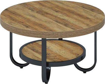 Tribesigns Round Coffee Table, 31.5" Modern Wood Circle Center Table with Storage Shelf and Metal Frame, 2-Tier Industrial Accent Cocktail Table for Living Room, Small Space, Apartment, Brown