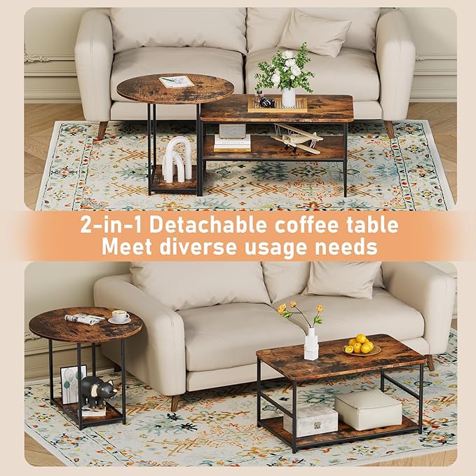 WOHOMO Coffee Table, Mid Century Modern Coffee Table for Living Room Rustic Farmhouse Center Table 2 in 1Detachable Table Set, Rustic Brown