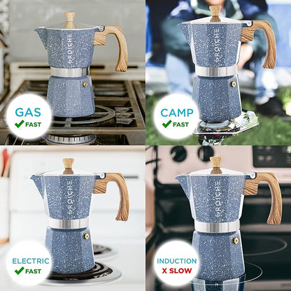 GROSCHE Milano Moka pot, Stovetop Espresso maker, Greca Coffee Maker, Stovetop coffee maker and espresso maker percolator (Indigo, 9 cup)