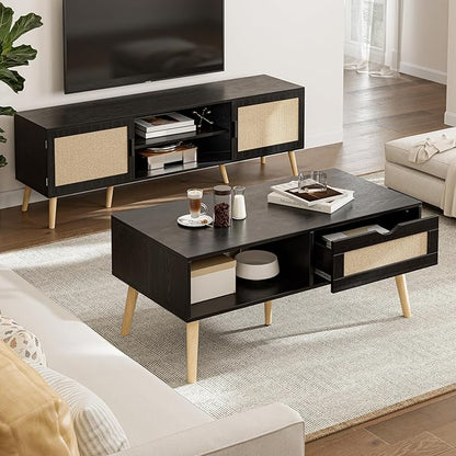 Wood Coffee Table with Storage, Boho Dining Table with Sliding Rattan Door Panel and Solid Wood Legs, Small Coffee Tables for Living Room, Black