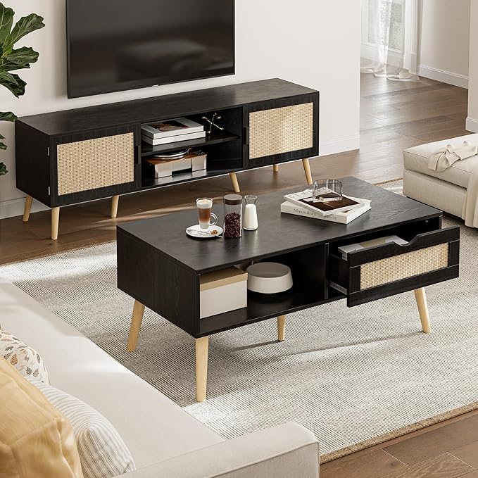 Wood Coffee Table with Storage, Boho Dining Table with Sliding Rattan Door Panel and Solid Wood Legs, Small Coffee Tables for Living Room, Black