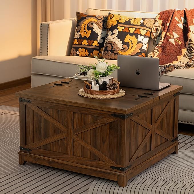 Farmhouse Coffee Table with Hidden Storage Space, Wood Square Large Center Table for Living Room, Farm House Rustic Brown Retro Coffee Tables with Hinged Lift Top for Meeting Room, Home