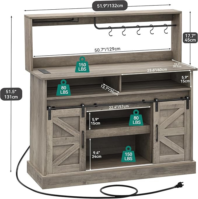 YITAHOME 52" Farmhouse Coffee Bar, Buffet Cabinet with Storage, Sliding Barn Door, Sideboard Cabinet with Goblet Holder, 5 Hooks and Power Outlets for Kitchen, Living Room (Rustic Grey Oak)