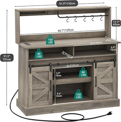 YITAHOME 52" Farmhouse Coffee Bar, Buffet Cabinet with Storage, Sliding Barn Door, Sideboard Cabinet with Goblet Holder, 5 Hooks and Power Outlets for Kitchen, Living Room (Rustic Grey Oak)