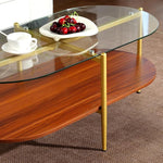 Load image into Gallery viewer, Glass and Wood Coffee Table, Mid Century Modern Design, Clear Glass Top, Solid Brown Storage MDF Shelf and Sturable Gold Legs for Small Space, Office, Department