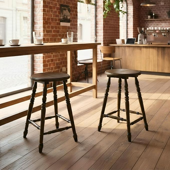 chairus 24" Backless Counter Height Bar Stools Set of 4, Farmhouse Wooden Counter Stools with Round Seat & Turned Legs, Rustic Vintage Colonial Short Bar Chairs for Kitchen Island, Antique Brown