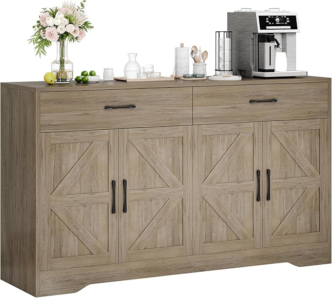 55" Sideboard Buffet Cabinet with Storage, Large Kitchen Storage Sideboard with Drawers & Doors, Modern Wood Farmhouse Coffee Bar Cabinet, Buffet Table for Kitchen, Dining Room, Living Room, Dark Wood