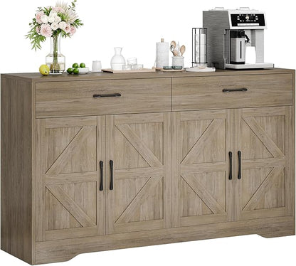 55" Sideboard Buffet Cabinet with Storage, Large Kitchen Storage Sideboard with Drawers & Doors, Modern Wood Farmhouse Coffee Bar Cabinet, Buffet Table for Kitchen, Dining Room, Living Room, Dark Wood