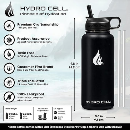 HYDRO CELL Stainless Steel Insulated Water Bottle with Straw - For Cold & Hot Drinks - Metal Vacuum Flask with Screw Cap and Modern Leakproof Sport Thermos for Adults (Black 32oz)
