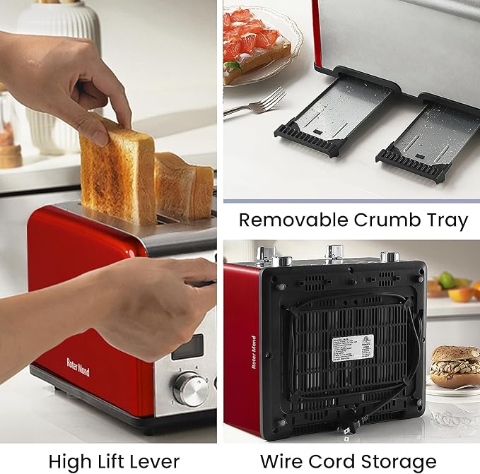 Roter Mond Countdown Stainless Steel 4 Slice Toaster with Bagel, Defrost, Cancel Function, Dual Toaster, Extra Wide Slots, 6 Shade Settings, Removable Crumb Trays, 1650W, Red
