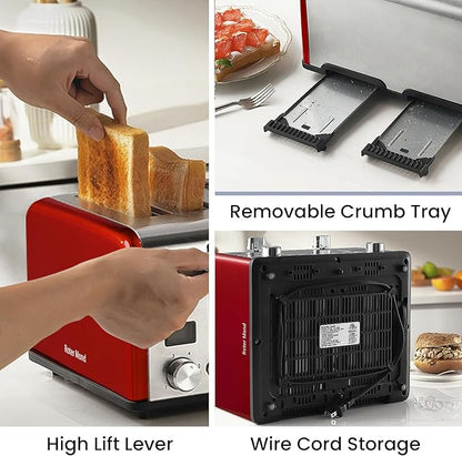 Roter Mond Countdown Stainless Steel 4 Slice Toaster with Bagel, Defrost, Cancel Function, Dual Toaster, Extra Wide Slots, 6 Shade Settings, Removable Crumb Trays, 1650W, Red