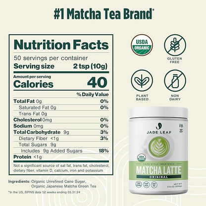 Jade Leaf Matcha Organic Cafe Style Sweetened Matcha Latte Green Tea Powder, Premium Barista Crafted Mix - Authentically Japanese, 50 Servings (1.1 Pound Tub)