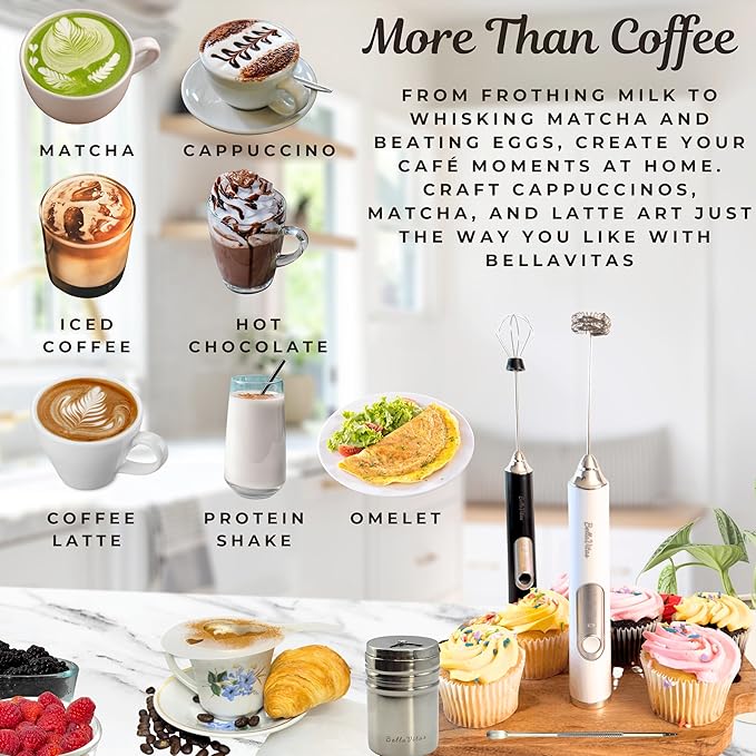 Milk Frother Handheld Rechargeable 3-Speed Electric Frother Wand Whisk Foam Maker Drink Mixer with Stand, 2 Whisks, Spice Shaker, Art Stencils, Art Pen for Coffee Latte, Cappuccino, Black