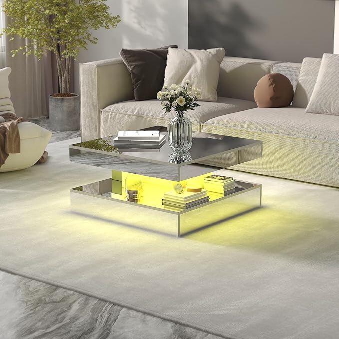 LED Coffee Table with Lights for Living Room Modern Mid Century Square Small Center Table with Storage Shelf Mirror Effect 2-Tier Apartment Office Bedroom Waiting Room Reception, Pet