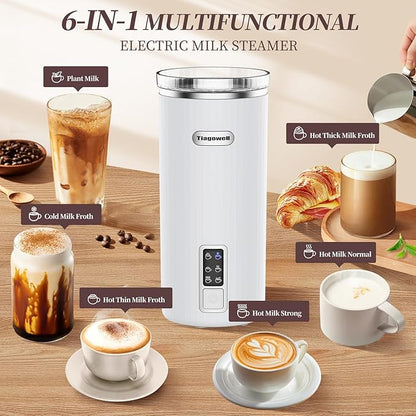 Milk Frother, 6-in-1 Electric Milk Frother and Steamer, 8.5oz/250ml Hot and Cold Foam Maker and Milk Warmer with Auto Shut-Off & Screen Display for Latte, Cappuccinos, Macchiato, Coffee (White)