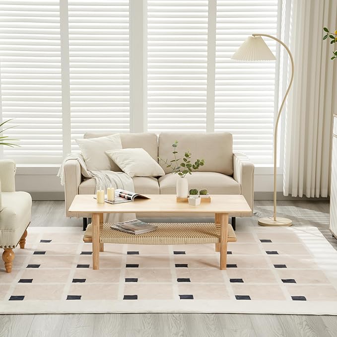 Kmax Coffee Table with Storage, Farmhouse Wood Living Room Tables Rectangular Center Table with Rope Woven/Rattan Storage Shelf for Living Room Reception - Natural Color