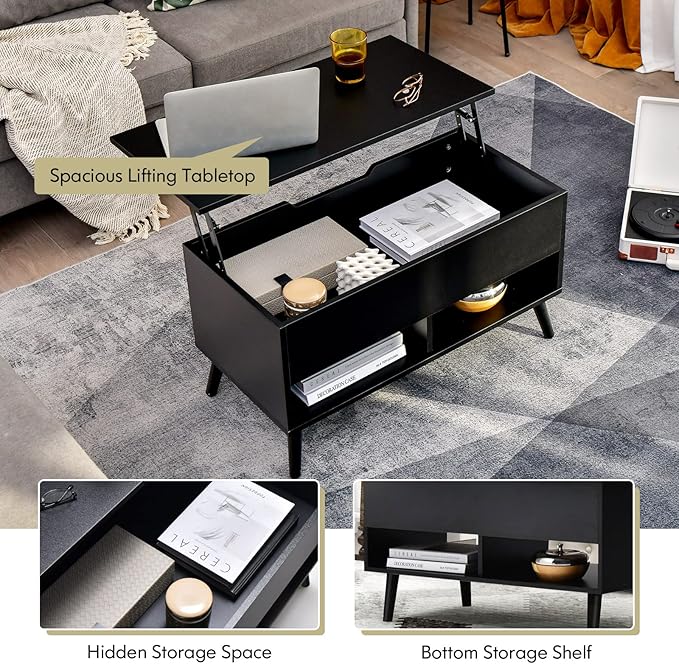 Tangkula Lift Top Coffee Table, Modern Cocktail Table with Hidden Compartment & 2 Open Shelves, Flip Top Center Table, Wooden Pull up Coffee Table for Living Room, Reception Room, Office (Black)