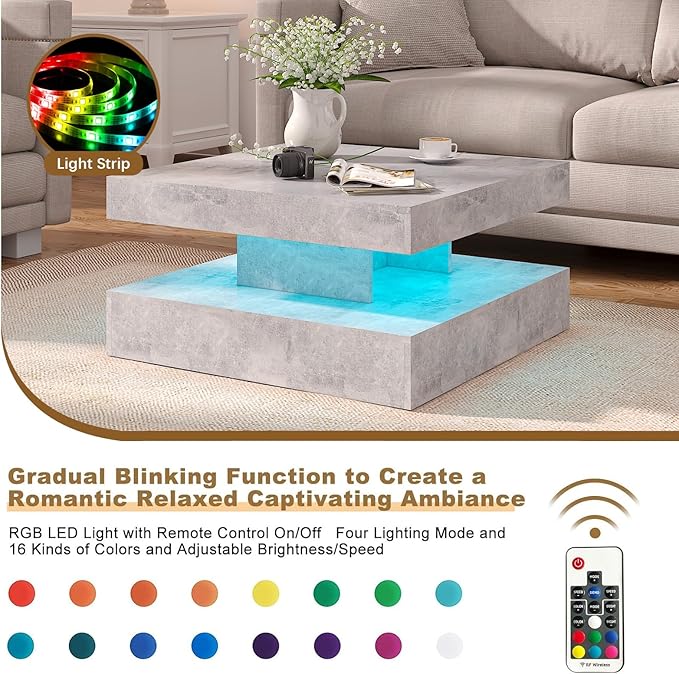 Grey LED Coffee Table for Living Room, Living Room Table 2-Tier Square Middle Center Table, Modern Coffee Tables with Storage, Contemporary Wood Tea Tables for Dining Reception