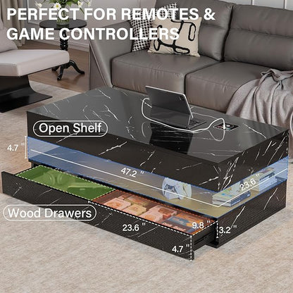 LED Coffee Table, 47.2" Coffee Tables with Storage Drawers, Smart Living Room Table with Wireless Charging & Bluetooth Speaker,Modern Center Tables for Living Room, Black Marble