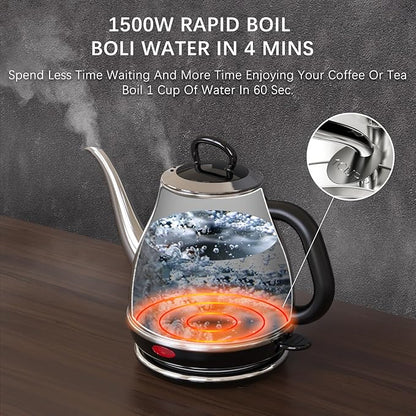 Electric Gooseneck Kettle, 1L 1500W Fast Boil, 100% Stainless Steel BPA Free Pour-Over Coffee & Tea Kettle, Water Boiler with Auto Shut & Boil-Dry Protection, Silver