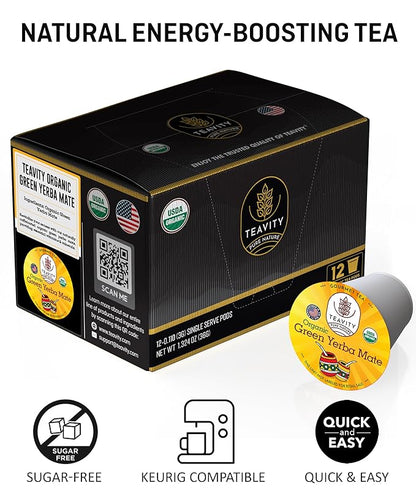 Organic Yerba Mate Tea Pods for Keurig - Green, Unsmoked Yerba Mate by Teavity (36 Tea Pods)
