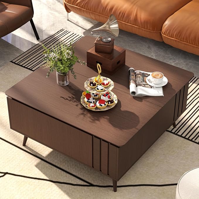 Lift Top Coffee Table with Storage,Large Square Coffee Tables for Living Room,Mid Century Modern Center Table for Home Office, Dark Walnut