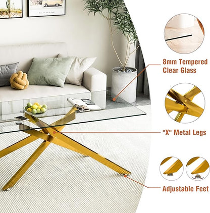 Gold Glass Coffee Table Set of 3 Modern End Table Living Room Side Table, Geometric Metal Legs 47.2 Inch Clear Rectangle Center Cocktail Tables, Gold
