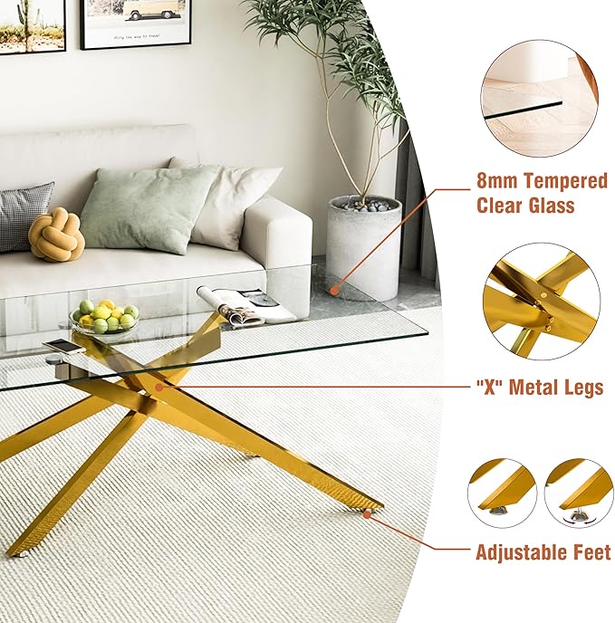 Gold Glass Coffee Table Set of 3 Modern End Table Living Room Side Table, Geometric Metal Legs 47.2 Inch Clear Rectangle Center Cocktail Tables, Gold
