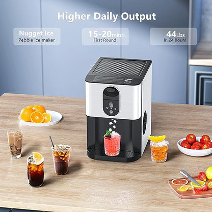 Portable Nugget Ice Maker Countertop, Self-Dispensing Pebble Ice Maker, 44 lbs/Day Soft Chewable Pellet Ice Machine for Home, Kitchen, Bar, Single Button Operation, Compact Design Ice Making Machine