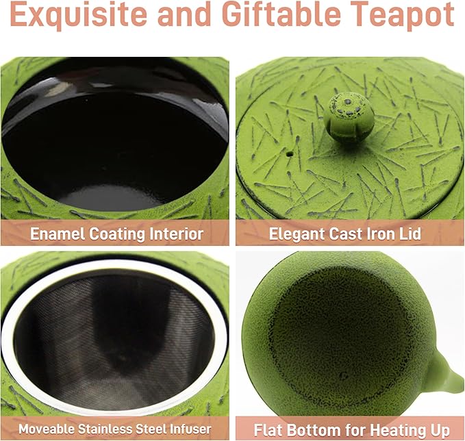 YJX 60.9oz Large Cast Iron Teapot, Big Tea Kettle for Stovetop Safe, Green Cast Iron Kettle Teapot with Stainless Steel Infuser for Loose Tea and Tea Bags(1800ml)