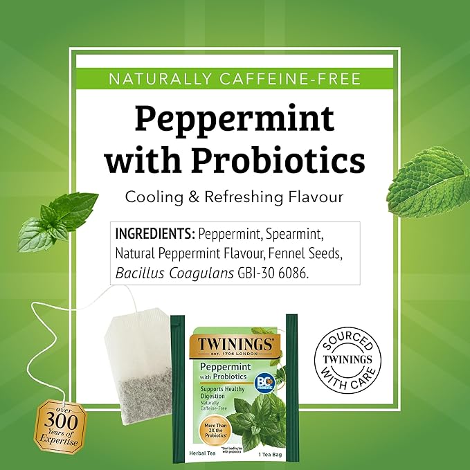 Twinings Superblends Probiotics+ Peppermint & Fennel Herbal Tea, 250 Million CFUs per Cup, 18 Tea Bags (Pack of 2), Naturally Caffeine-Free, Enjoy Hot or Iced