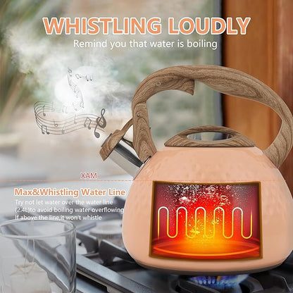 harriet Tea Kettle, Tea Pot for Stovetop, 2.5QT Whistling Kettle with 5-Layers bottom, Food Grade Stainless Steel Kettles with Hot-Resistant Handle Gas Electric Applicable, Peach