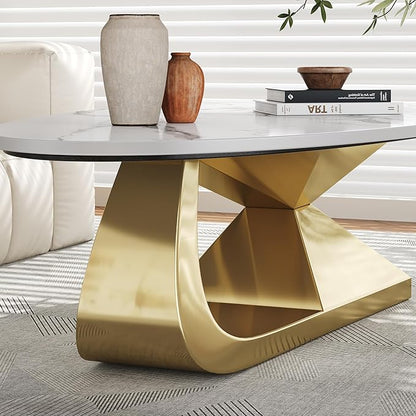 Marble Grain Coffee Table with Gold Stainless Steel Pedestal,Modern Coffee Tables,Oval Living Room Table with Faux Marble Top & Luxury Legs,Sintered Stone Cocktail Center Table,51.20inch