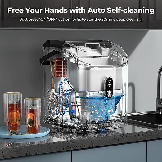 Nugget Ice Maker Countertop, 35.5Lbs/24Hrs Chewable Sonic Ice Machine with Self-Cleaning, Handle, Water Tank, Quiet Operation & Portable Pellet Ice Maker for Home, Office, Kitchen, Bar, Silver
