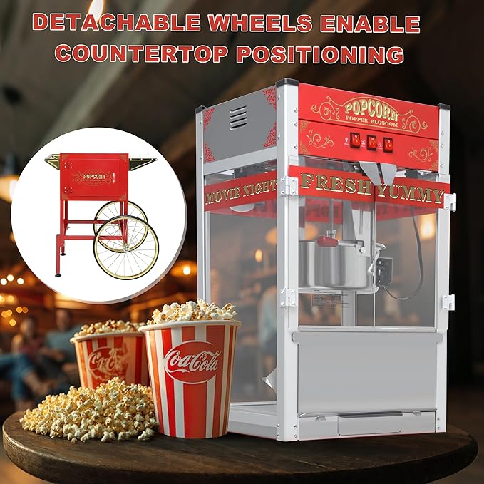 Popcorn Machine with Cart, 22oz Commercial Popcorn Maker Machine with Stainless Steel Kettle, Reject Kernel Tray, Warming Light and Steel Frame Tempered Glass Doors