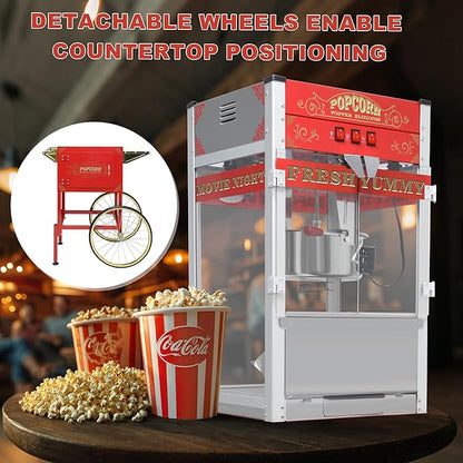 Popcorn Machine with Cart, 22oz Commercial Popcorn Maker Machine with Stainless Steel Kettle, Reject Kernel Tray, Warming Light and Steel Frame Tempered Glass Doors