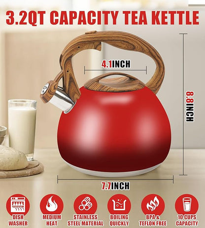 Festive Red Stovetop Whistling Tea Kettle 3.2 Quart - Stainless Steel with Wood Grain Handle, Loud Christmas Whistle for Boiling Water, Holiday Cocoa & Milk, Easy-Pour Spout Classic Design