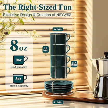 5 Ounce Green Porcelain Stackable Espresso Cups with Stainless Steel Holder, Set of 4, Durable Ceramic, Perfect for Home, Office or Gift