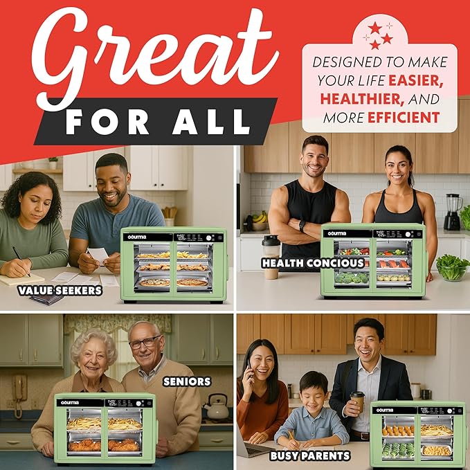 Gourmia French Door Digital Air Fryer Oven - XL 37QT Capacity, 12 Presets, FryForce 360° Tech, Dehydrate, Proof, Slow Cook, Fits 13” Pizza, 1700W, Green