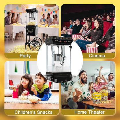 8OZ Popcorn Machine with Cart & Wheels 丨 Stainless Steel Kettle Popcorn Maker Machine for Home, Theater, Parties丨 Grade Electric Popper, Black