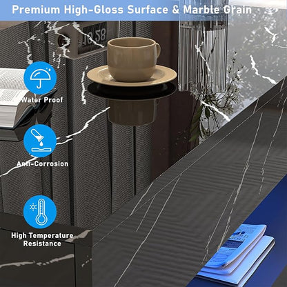 39.4" Large High-Glossy LED Coffee Table with 2 Sliding Drawers, Living Room Storage Coffee Tables with Marbling Print, Modern Stylish Double-Layer Center Tables w/LED Lights, Black