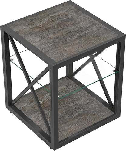 Modern End Table Set of 2 for Living Room 17.7" Bedroom Nightstand, Tempered Glass Shelf & Rustic Wood MDF Top Square Side Tables 2 Pack, Industrial Grey
